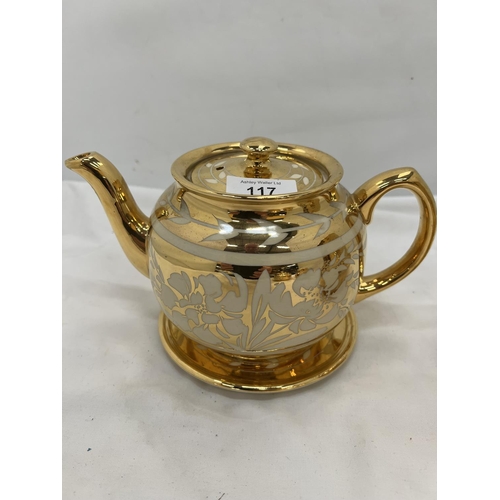 117 - FOUR PIECES OF SADLER GILT CERAMICS TO INCLUDE A TEAPOT, COFFEE POT, CREAM JUG AND SUGAR BOWL