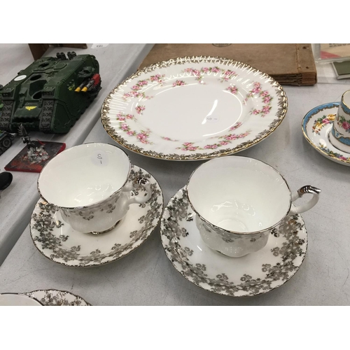 150 - A QUANTITY OF ROYAL ALBERT CHINA TO INCLUDE WHITE AND SILVER GILD CUPS AND SAUCERS AND TWO 'DIMITY R... 