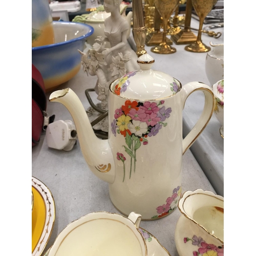 153 - A VINTAGE NEW CHELSEA, STAFFORDSHIRE, 'NOSEGAY' PART COFFEE SET TO INCLUDE COFFEE POT, CREAM JUG, DE... 