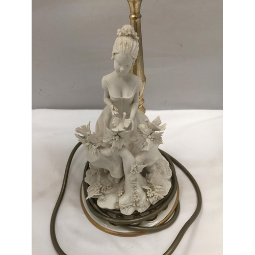 154 - A TABLE LAMP WITH CERAMIC LADY BASE AND GLASS SHADE HEIGHT 44CM