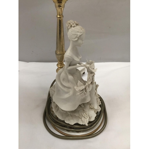 154 - A TABLE LAMP WITH CERAMIC LADY BASE AND GLASS SHADE HEIGHT 44CM