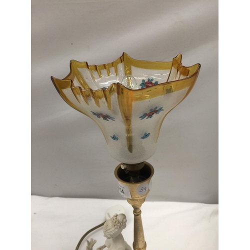 154 - A TABLE LAMP WITH CERAMIC LADY BASE AND GLASS SHADE HEIGHT 44CM