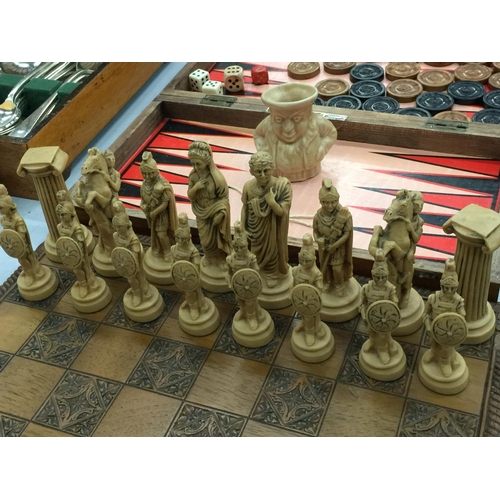 163 - A WOODEN CHESS BOARD WITH RESIN ROMAN FIGURE CHESS PIECES - 3 A/F PLUS A BACKGAMMON/DRAUGTS BOARD WI... 