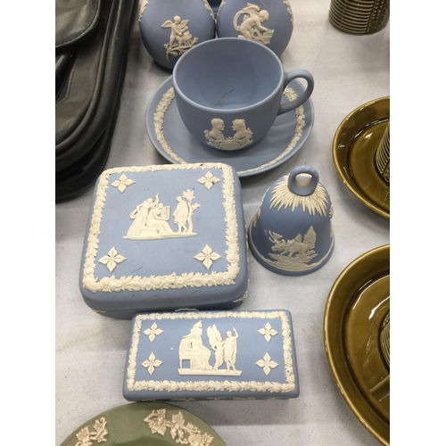 167 - A QUANTITY OF WEDGWOOD JASPERWARE TO INCLUDE VASES, CUP AND SAUCER, TRINKET BOXES, PIN TRAYS, ETC