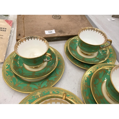 184 - FIVE AYNSLEY GREEN AND GILT TRIOS PLUS A CUPA AND SAUCER