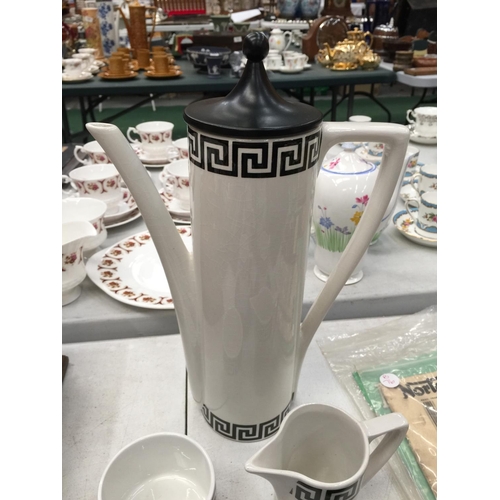 187 - A PORTMEIRION COFFEE SET IN THE 'GREEK KEY' DESIGN TO INCLUDE COFFEE POT, CREAM JUG, SUGAR BOWL, CUP... 