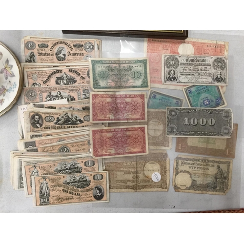 198 - A QUANTITY OF VINTAGE U.S.A., BELGIUM AND FRENCH BANK NOTES PLUS A COLLECTION OF TWO SHILLING COINS ... 