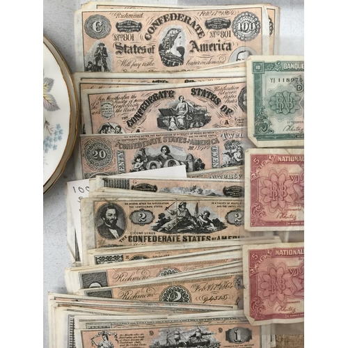 198 - A QUANTITY OF VINTAGE U.S.A., BELGIUM AND FRENCH BANK NOTES PLUS A COLLECTION OF TWO SHILLING COINS ... 