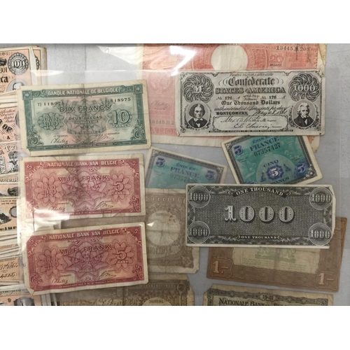 198 - A QUANTITY OF VINTAGE U.S.A., BELGIUM AND FRENCH BANK NOTES PLUS A COLLECTION OF TWO SHILLING COINS ... 