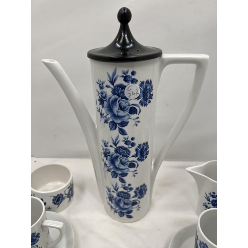 75 - A PORTMEIRION COFFEE SET IN A BLUE AND WHITE FLORAL PATTERN TO INCLUDE COFFEE POT, SUGAR BOWL, CREAM... 