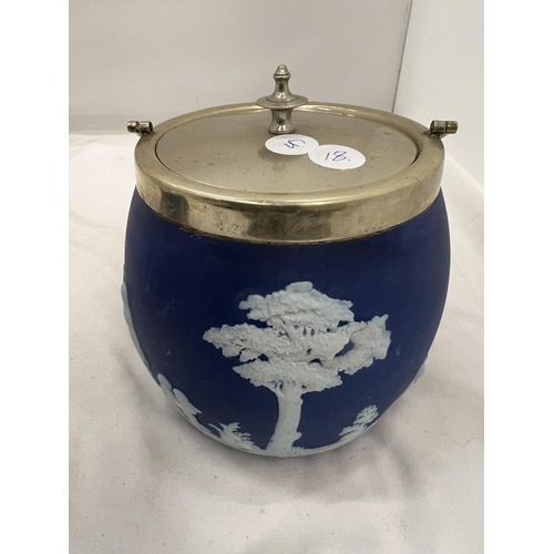 83 - A BLUE JASPERWARE METAL LIDDED BISCUIT BARREL AND PRESERVE POT