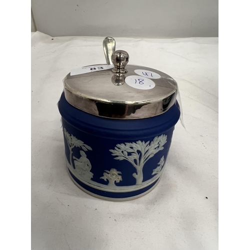 83 - A BLUE JASPERWARE METAL LIDDED BISCUIT BARREL AND PRESERVE POT