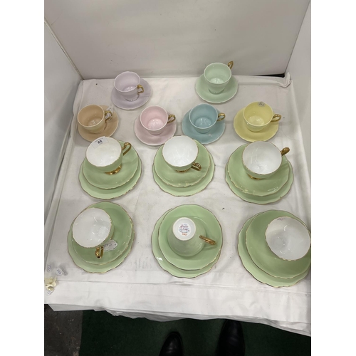 88 - A SET OF SIX 'PARAGON' SMALL CUPS AND SAUCERS IN DIFFERENT COLOURS PLUS A SET OF SIX ROSLYN CHINA TR... 