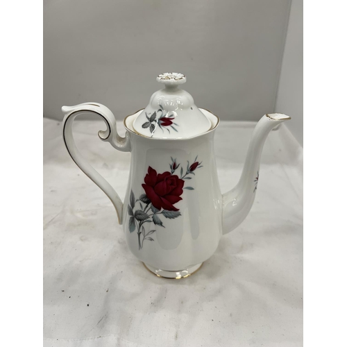 93 - A ROYAL ALBERT 'SWEET ROMANCE' COFFEE SET TO INCLUDE A COFFEE POT, CREAM JUG, SUGAR BOWL, CUPS AND S... 