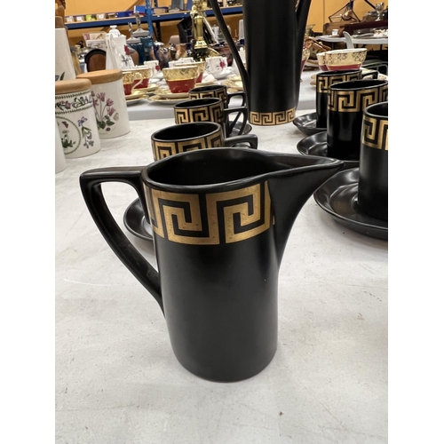 97 - A BLACK PORTMEIRION COFFEE SET IN THE 'GREEK KEY' DESIGN TO INCLUDE A COFFEE POT, CREAM JUG, SUGAR B... 