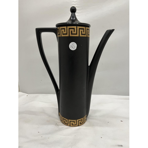 97 - A BLACK PORTMEIRION COFFEE SET IN THE 'GREEK KEY' DESIGN TO INCLUDE A COFFEE POT, CREAM JUG, SUGAR B... 