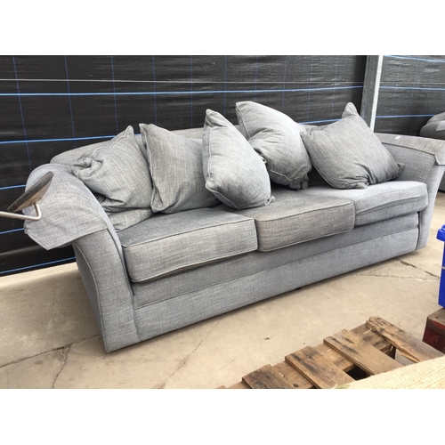 2567 - A PAIR OF MODERN GREY TWO SEATER SETTEES WITH TWELVE LOOSE CUSHIONS AND ANTIMACASSARS