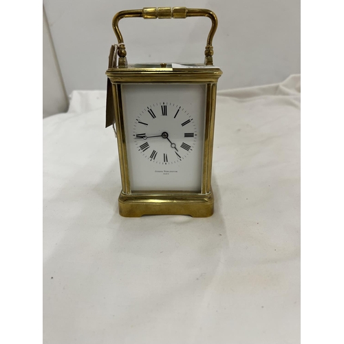 106 - A BRASS JOSEPH PENLINGTON, PARIS, CARRIAGE CLOCK WITH GLASS TO THREE SIDES AND TOP IN WORKING ORDER ... 