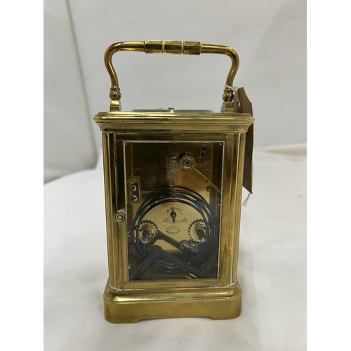 106 - A BRASS JOSEPH PENLINGTON, PARIS, CARRIAGE CLOCK WITH GLASS TO THREE SIDES AND TOP IN WORKING ORDER ... 