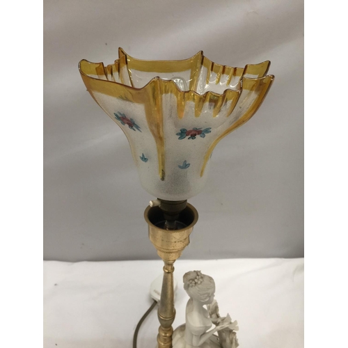 154 - A TABLE LAMP WITH CERAMIC LADY BASE AND GLASS SHADE HEIGHT 44CM