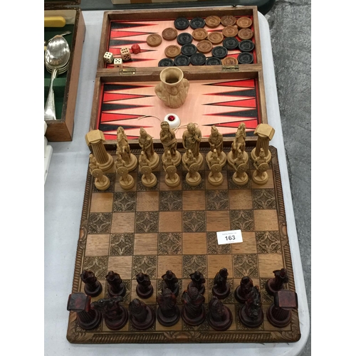 163 - A WOODEN CHESS BOARD WITH RESIN ROMAN FIGURE CHESS PIECES - 3 A/F PLUS A BACKGAMMON/DRAUGTS BOARD WI... 