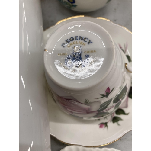 312 - A QUANTITY OF WEDGWOOD EMBOSSED CREAM TWO HANDLED SOUP BOWLS WITH SAUCERS, EGG CUPS, CHINA CUPS, ETC