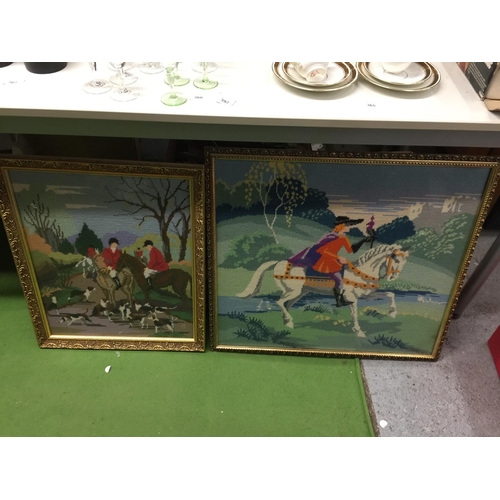 392 - TWO GILT FRAMED WOOLWORK TAPESTRIES, ONE A HUNT SCENE 46CM X 55.5CM, THE OTHER A KNIGHT ON A HORSE 6... 