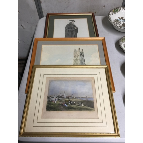 398 - THREE FRAMED PRINTS TO INCLUDE 'A VIEW FROM PETER HOUSE, CAMBRIDGE, A CATHEDRAL AND HARWICH