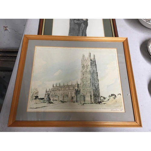 398 - THREE FRAMED PRINTS TO INCLUDE 'A VIEW FROM PETER HOUSE, CAMBRIDGE, A CATHEDRAL AND HARWICH