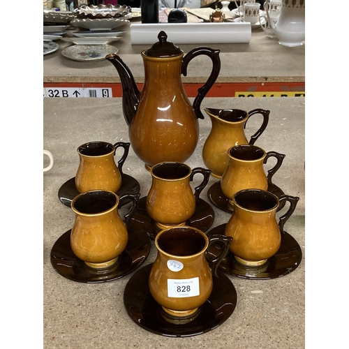 828 - A BOULTON STONEWARE CARAMEL COLOURED COFFEE SET TO INCLUDE A COFFEE POT, CREAM JUG, SIX CUPS AND SAU... 