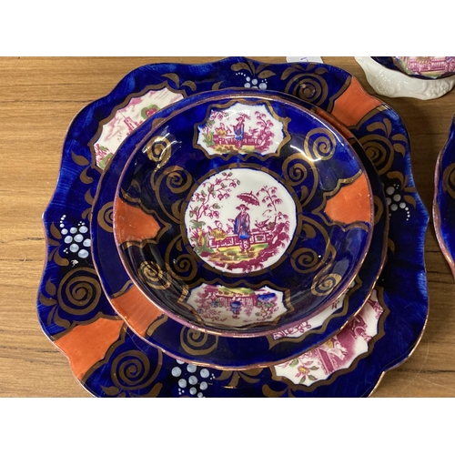 837 - A VICTORIAN GAUDY WELSH CHINOISERIE PATTERN PART TEASET TO INCLUDE A TEAPOT, MILK JUG, FOUR CUPS, SA... 