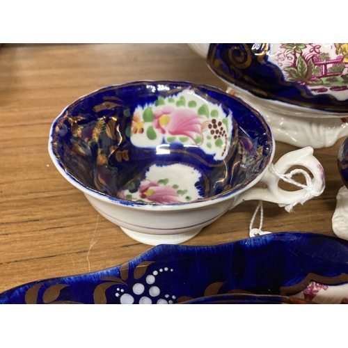 837 - A VICTORIAN GAUDY WELSH CHINOISERIE PATTERN PART TEASET TO INCLUDE A TEAPOT, MILK JUG, FOUR CUPS, SA... 