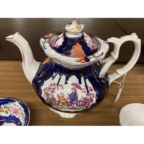 837 - A VICTORIAN GAUDY WELSH CHINOISERIE PATTERN PART TEASET TO INCLUDE A TEAPOT, MILK JUG, FOUR CUPS, SA... 