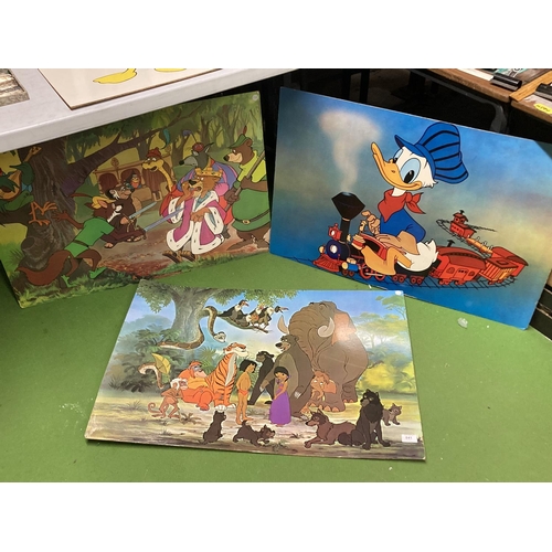 841 - THREE LARGE VINTAGE WALT DISNEY WALL PRINTS ON BOARD TO INCLUDE 'THE JUNGLE BOOK', 'DONALD DUCK' AND... 