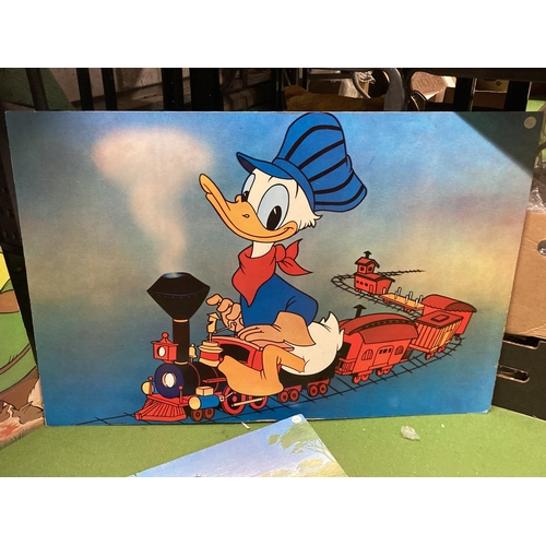 841 - THREE LARGE VINTAGE WALT DISNEY WALL PRINTS ON BOARD TO INCLUDE 'THE JUNGLE BOOK', 'DONALD DUCK' AND... 