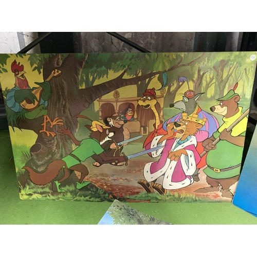 841 - THREE LARGE VINTAGE WALT DISNEY WALL PRINTS ON BOARD TO INCLUDE 'THE JUNGLE BOOK', 'DONALD DUCK' AND... 