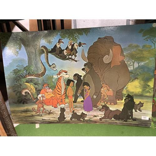 841 - THREE LARGE VINTAGE WALT DISNEY WALL PRINTS ON BOARD TO INCLUDE 'THE JUNGLE BOOK', 'DONALD DUCK' AND... 