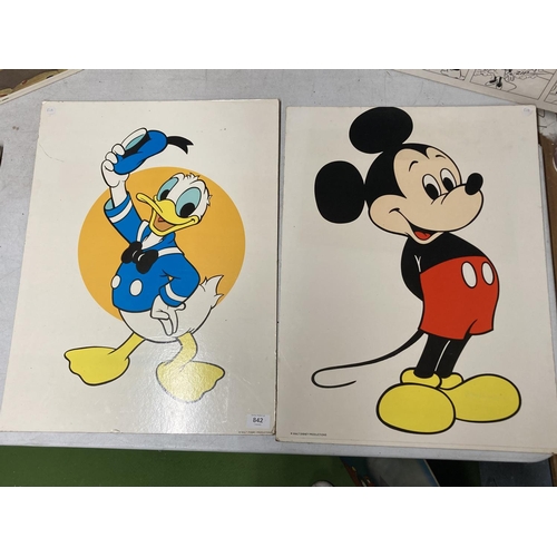 842 - TWO VINTAGE WALT DISNEY WALL PRINTS ON BOARD TO INCLUDE 'DONALD DUCK' AND 'MICKEY MOUSE' 60CM X 45CM