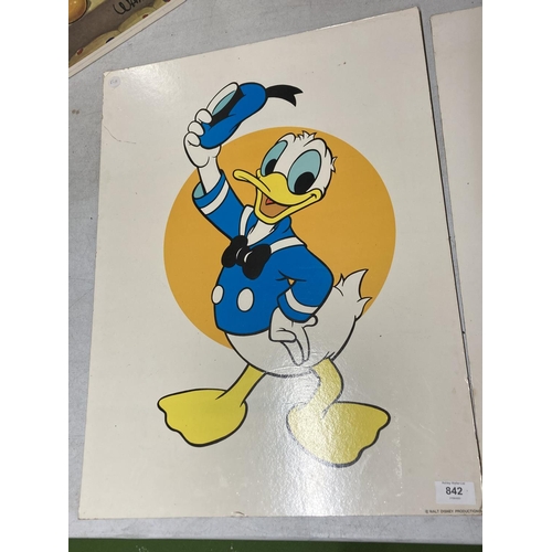 842 - TWO VINTAGE WALT DISNEY WALL PRINTS ON BOARD TO INCLUDE 'DONALD DUCK' AND 'MICKEY MOUSE' 60CM X 45CM