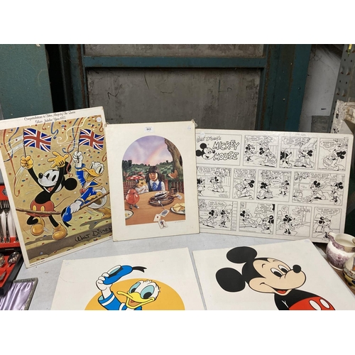 843 - THREE VINTAGE WALT DISNEY WALL PRINTS ON BOARD TO INCLUDE A MICKEY MOUSE CARTOON SKETCH, MICKEY MOUS... 