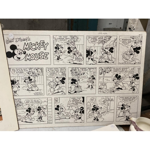 843 - THREE VINTAGE WALT DISNEY WALL PRINTS ON BOARD TO INCLUDE A MICKEY MOUSE CARTOON SKETCH, MICKEY MOUS... 