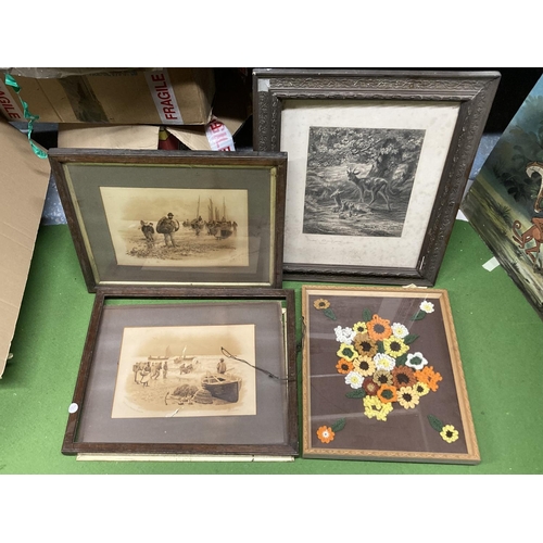 847 - A FRAMED IMAGE OF FLOWERS CROCHET ONTO MATERAL TOGETHER WITH A PENCIL PRINT OF FALLOW DEER IN WOODLA... 