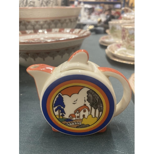 52 - A CHELSEA WORKS, BURSLEM MINIATRE TEAPOT IN A CLARICE CLIFF STYLE DESIGN HEIGHT 8CM