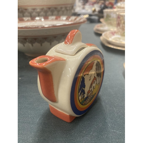 52 - A CHELSEA WORKS, BURSLEM MINIATRE TEAPOT IN A CLARICE CLIFF STYLE DESIGN HEIGHT 8CM