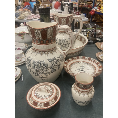 53 - AN EMPIRE, BURSLEM FLORAL PRINTED VINTAGE BATHROOM SET TO INCLUDE WASHBOWL, JUGS, SOAP DISHES, ETC