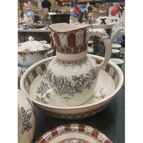 53 - AN EMPIRE, BURSLEM FLORAL PRINTED VINTAGE BATHROOM SET TO INCLUDE WASHBOWL, JUGS, SOAP DISHES, ETC