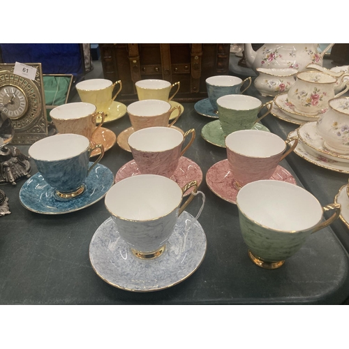 59 - A QUANTITY OF ROYAL ALBERT 'GOSSAMER' CUPS AND SAUCERS IN DIFFERENT COLOURS ( 10 IN TOTAL )