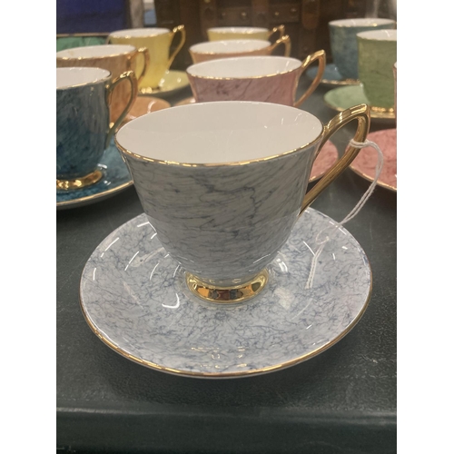 59 - A QUANTITY OF ROYAL ALBERT 'GOSSAMER' CUPS AND SAUCERS IN DIFFERENT COLOURS ( 10 IN TOTAL )