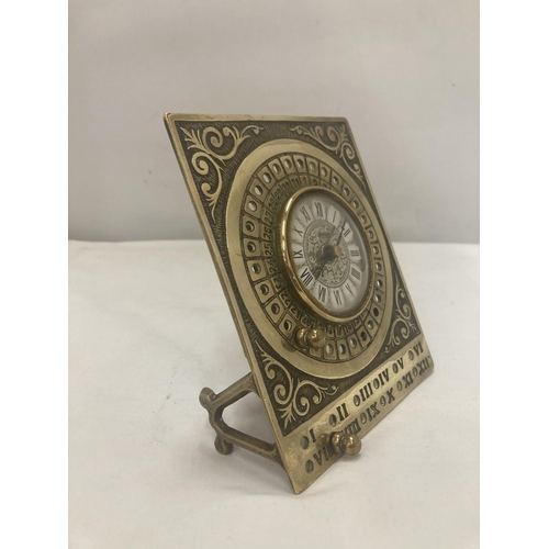 61 - A VINTAGE STYLE BRASS CLOCK WITH ROMAN NUMERALS 14.5CM X 12CM