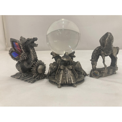 62 - THREE MODELS BY TUDOR MINT - PEGASUS, THE SOLAR DRAGON AND WIZARD CRYSTAL BALL HOLDER